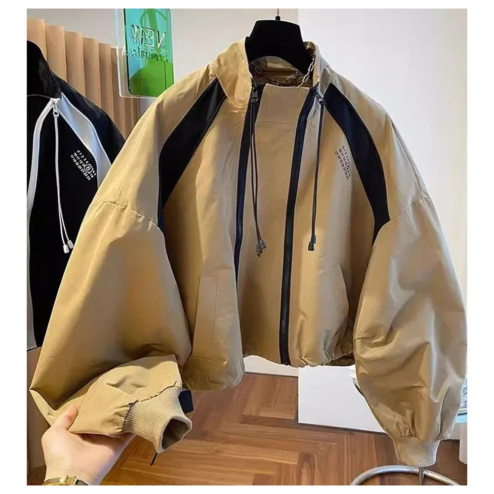 Retro Street INS Style Double Zipper Women's Stand Up Collar Jacket Spring and Autumn Casual Loose Y2k Long Sleeve Top Coat
