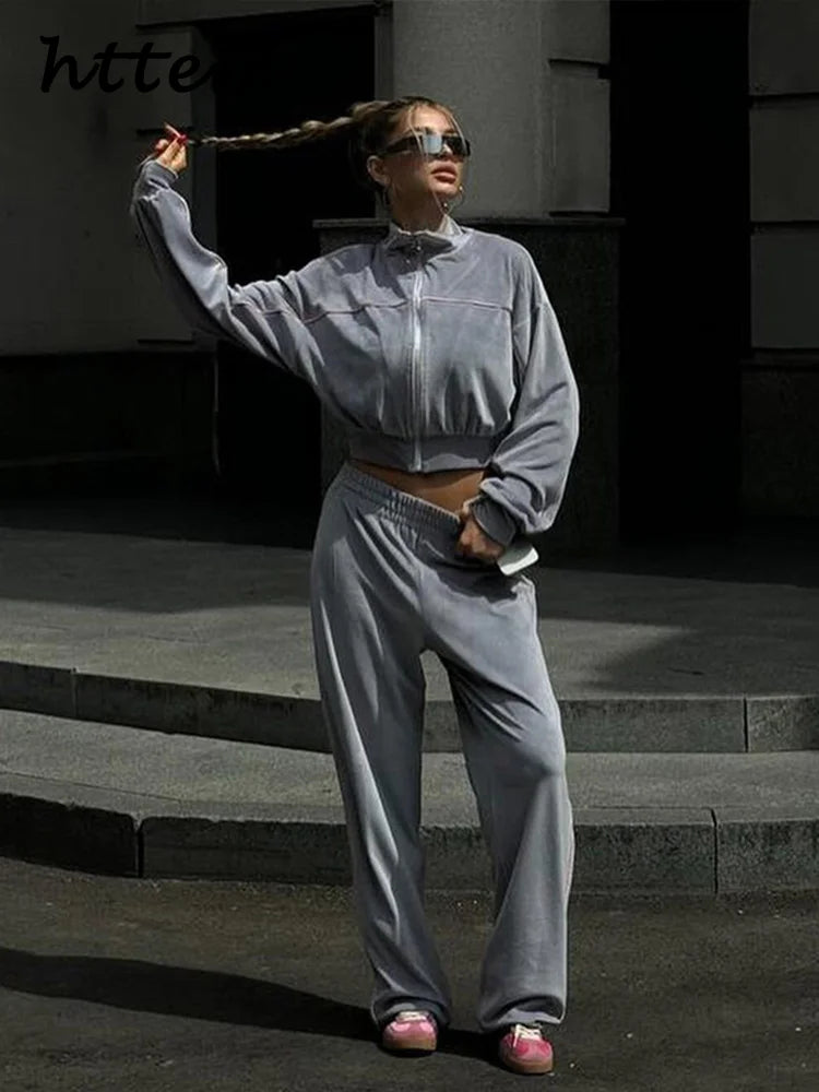 Women's Casual Solid Color Two-piece Short Stand-up Collar Jacket Wide-leg Pants 2026 Street Style Women's Clothing Set