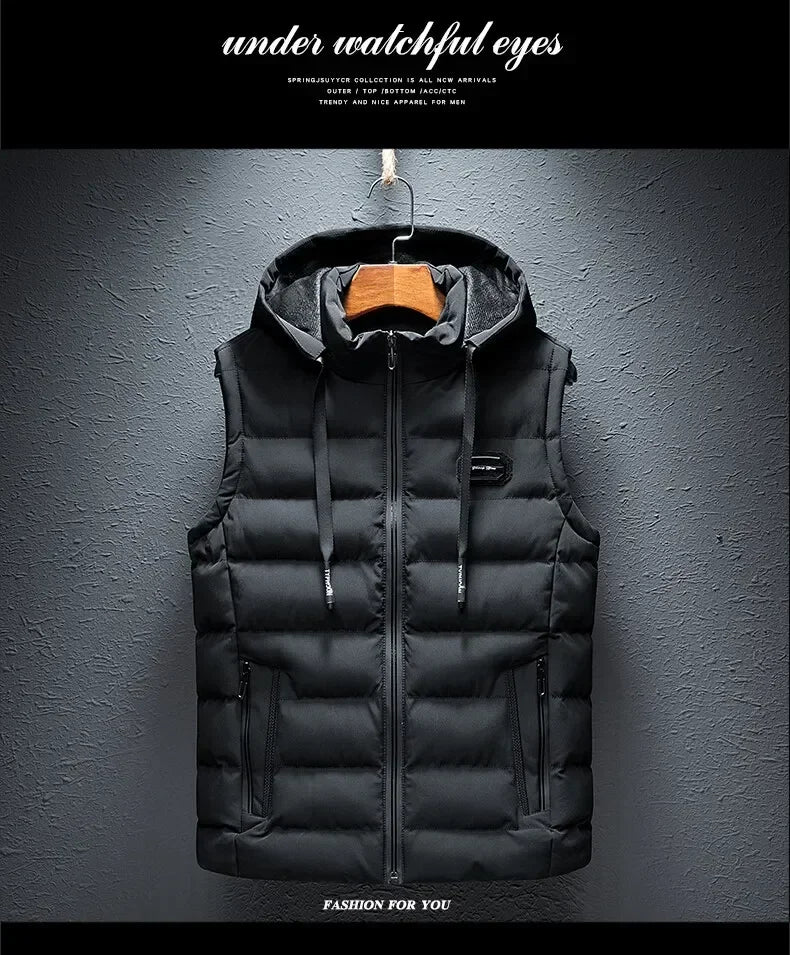 Fashion Warm Hooded Male Winter Vest Light Plus Size Mens Work Vest Waistcoat Hooded New Fleece Autumn Sleeveless Jacket for Men