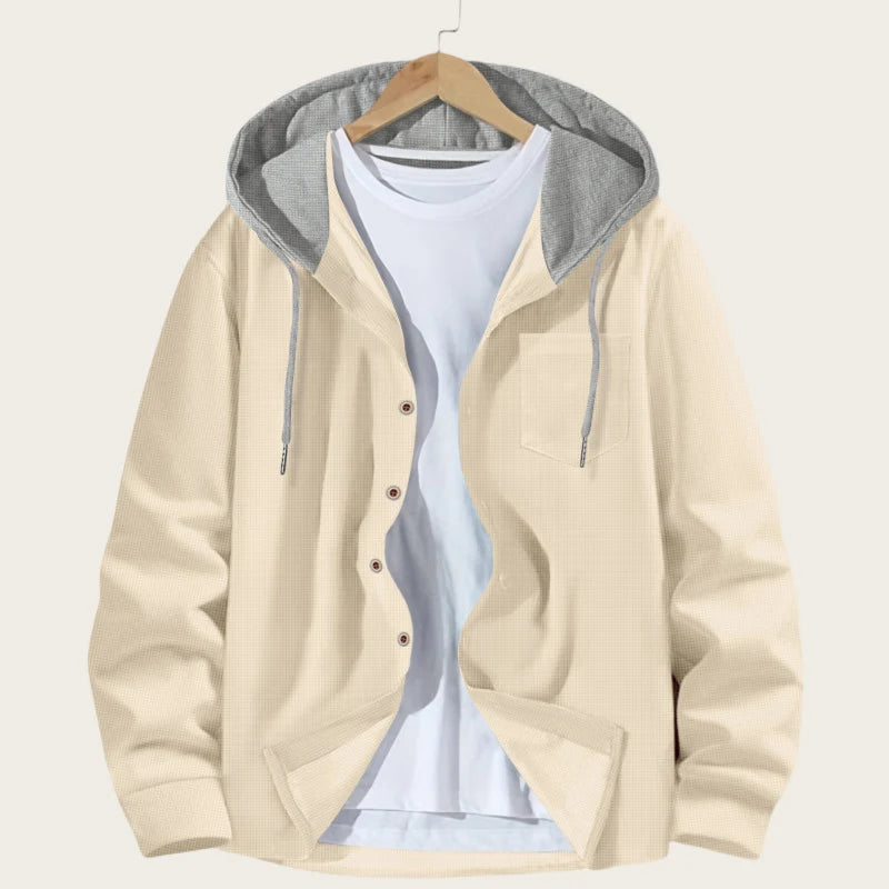 Korean Waffle Hooded Cardigans for Men Spring Autumn Contrast Color Single Breasted Hoodies Breathable Casual Lightweight Jacket
