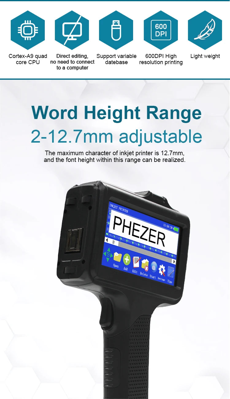 For Hp Phezer 12.7mm Portable P19 Handheld Inkjet Printer Three Colors Printer QR Bar Batch Code Date Number Logo Expiry Date