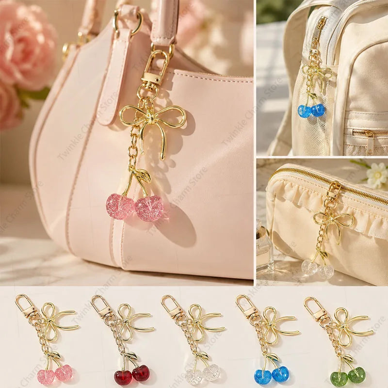 Classic Red Cherry Bow Pendant Keychain for Women Bag Decoration Car Key Chain Fashion Key Rings Party Gift Keychain Accessories