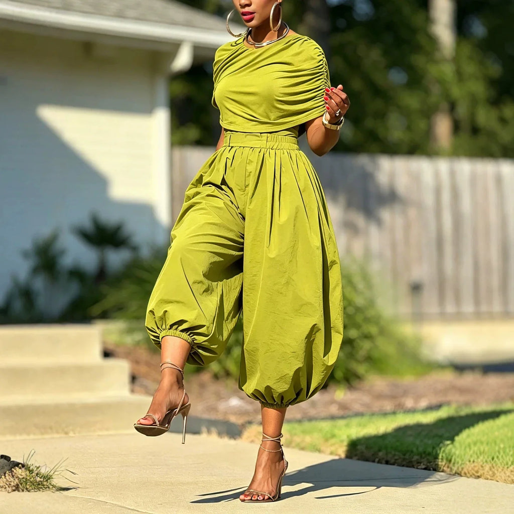 Two Piece Matching Set Ruched Short Sleeve Crop Top and Balloon Harem Pants Women Casual Streetwear Loose Baggy Wide‑Leg Outfit