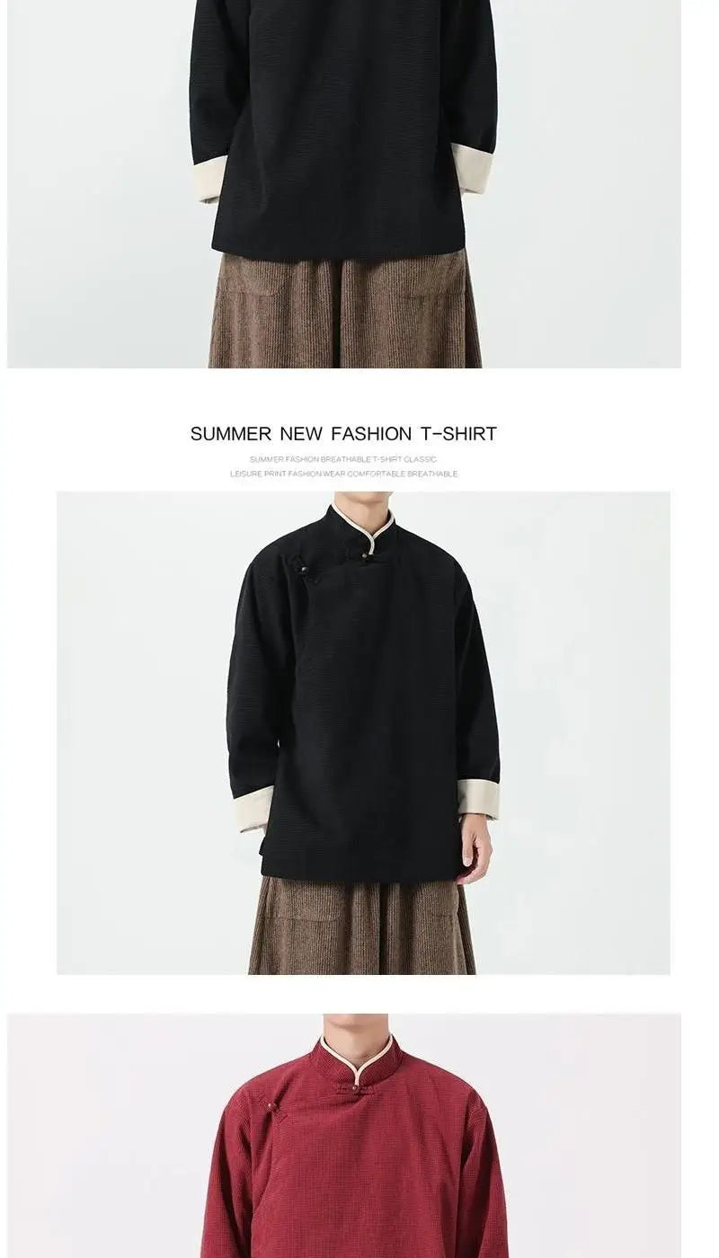 Autumn Winter Chinese Style Blouse Long-sleeved Jacket Men's Chinese Tang Suit Hanfu Lay Buddhist Zen Suit Tea Suit Slanted Top