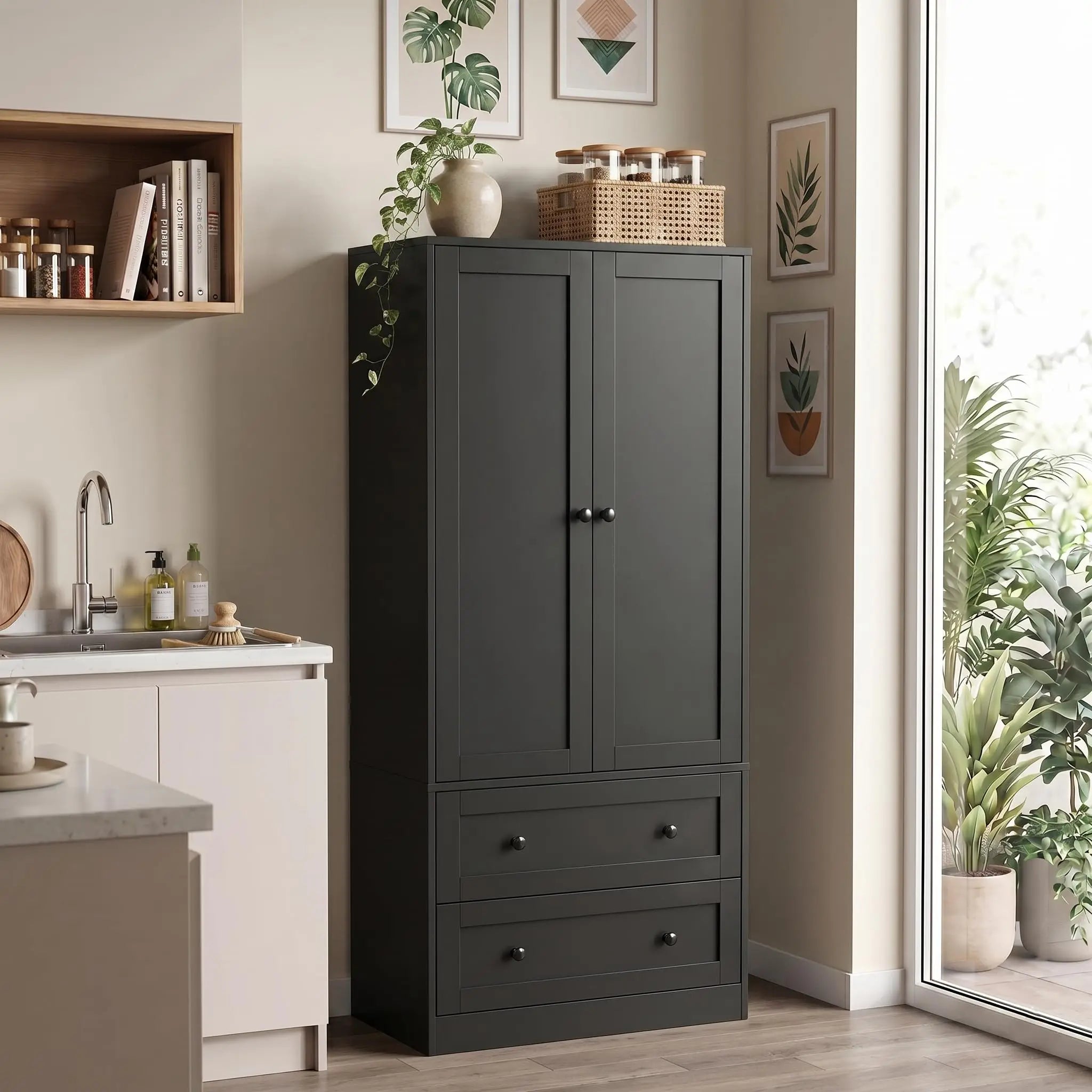 Tall White Kitchen Pantry, Storage Cabinet with Doors and Drawers, Freestanding Wooden Organizer for Kitchen, Customized