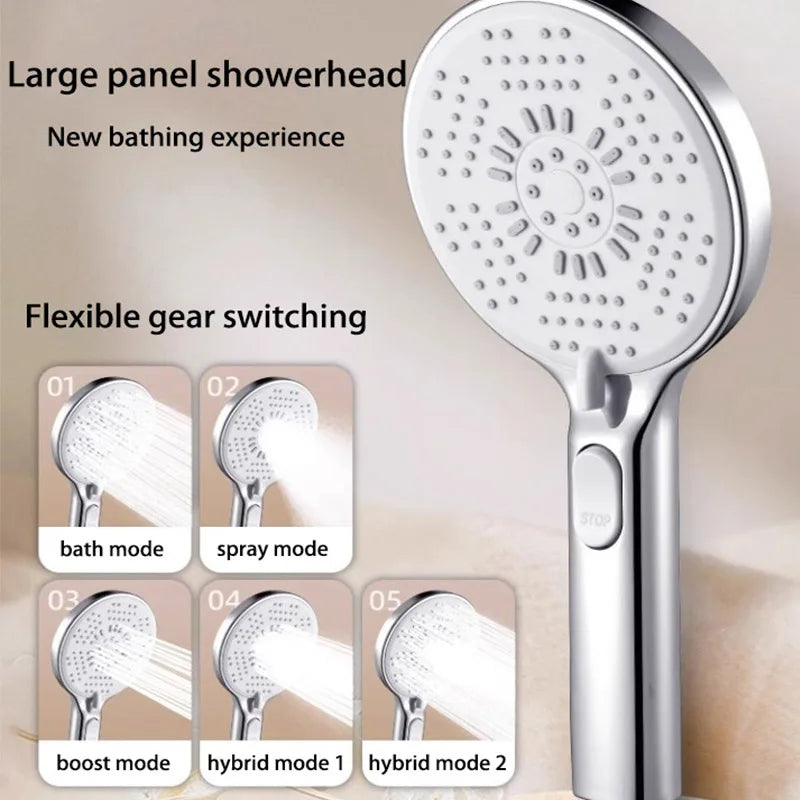 Bathroom Shower Head 5-function Large Water Output Booster Filter Handheld Shower One-button Water Stop Silicone Panel