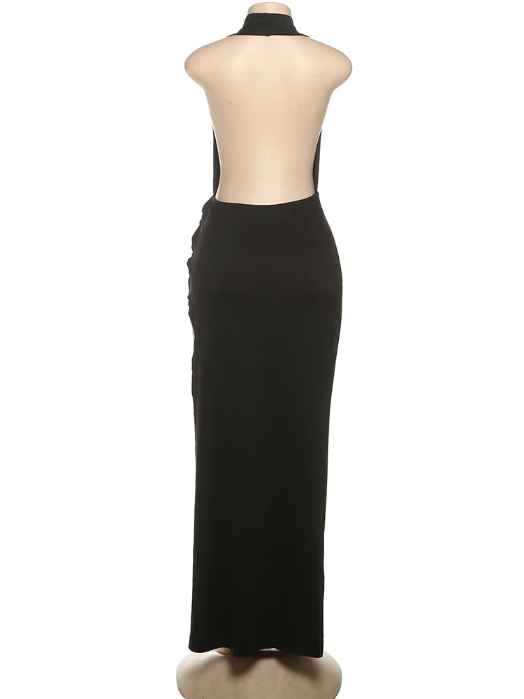 Sisterlinda Sexy High Splits Long Dress Women Halter Deep V-Neck Backless Sleeveless Summer Pool Party Ruched Elegant Vestidos