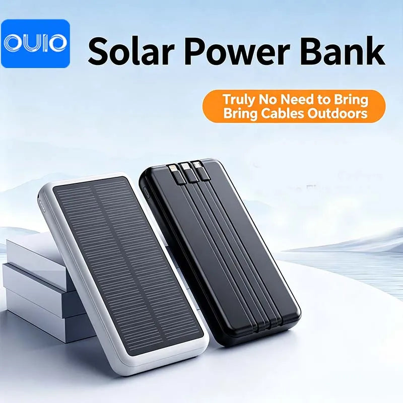 30000mAh Solar Power Bank Super Fast Charging Compact Portable Built-in 4 Cable High Capacity External Battery with Led Light