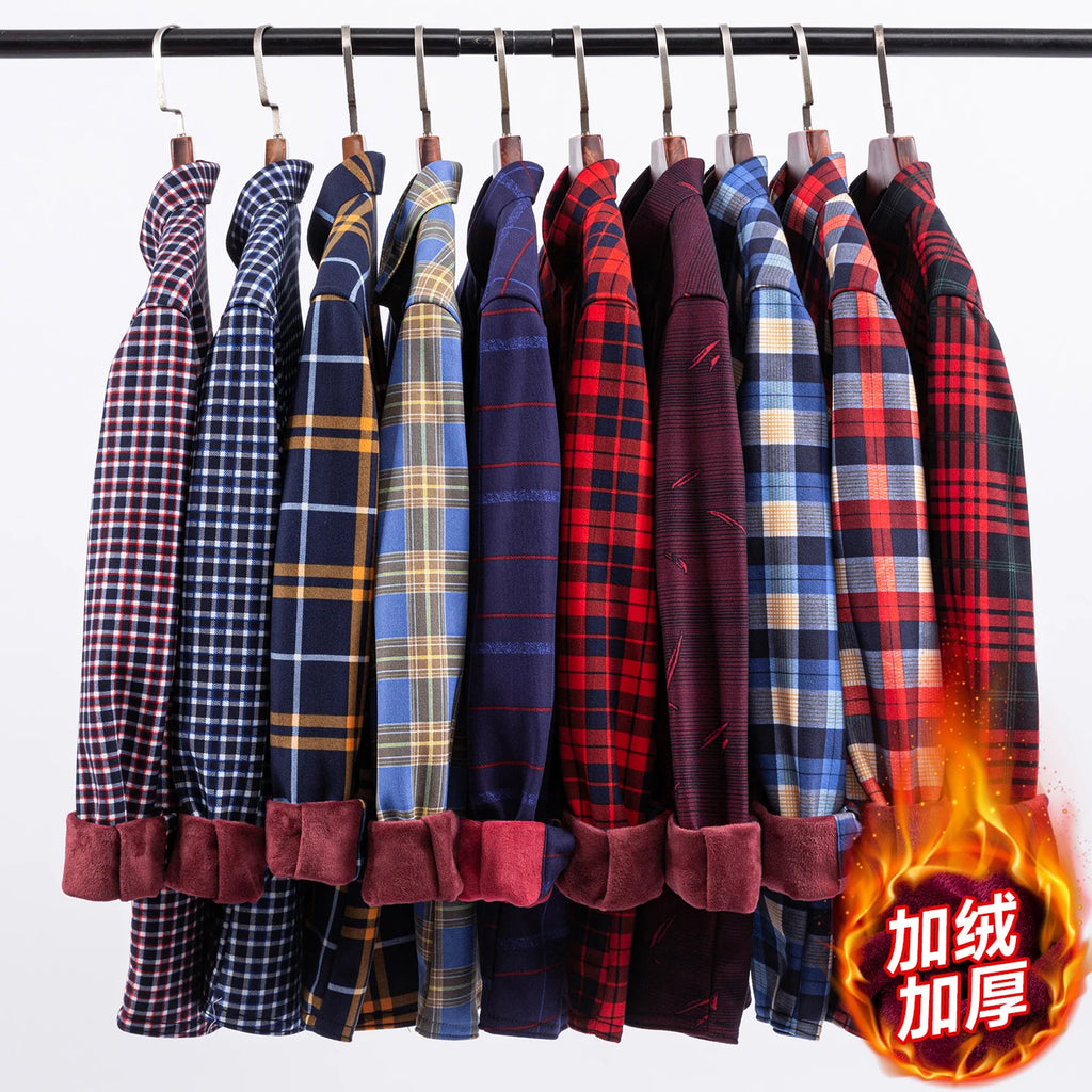 2025 Autumn Winter Men's Fashion Plaid Striped Print Shirts Double-sided Fleece Long Sleeve Thick Warm Shirts Soft Big Size 7XL