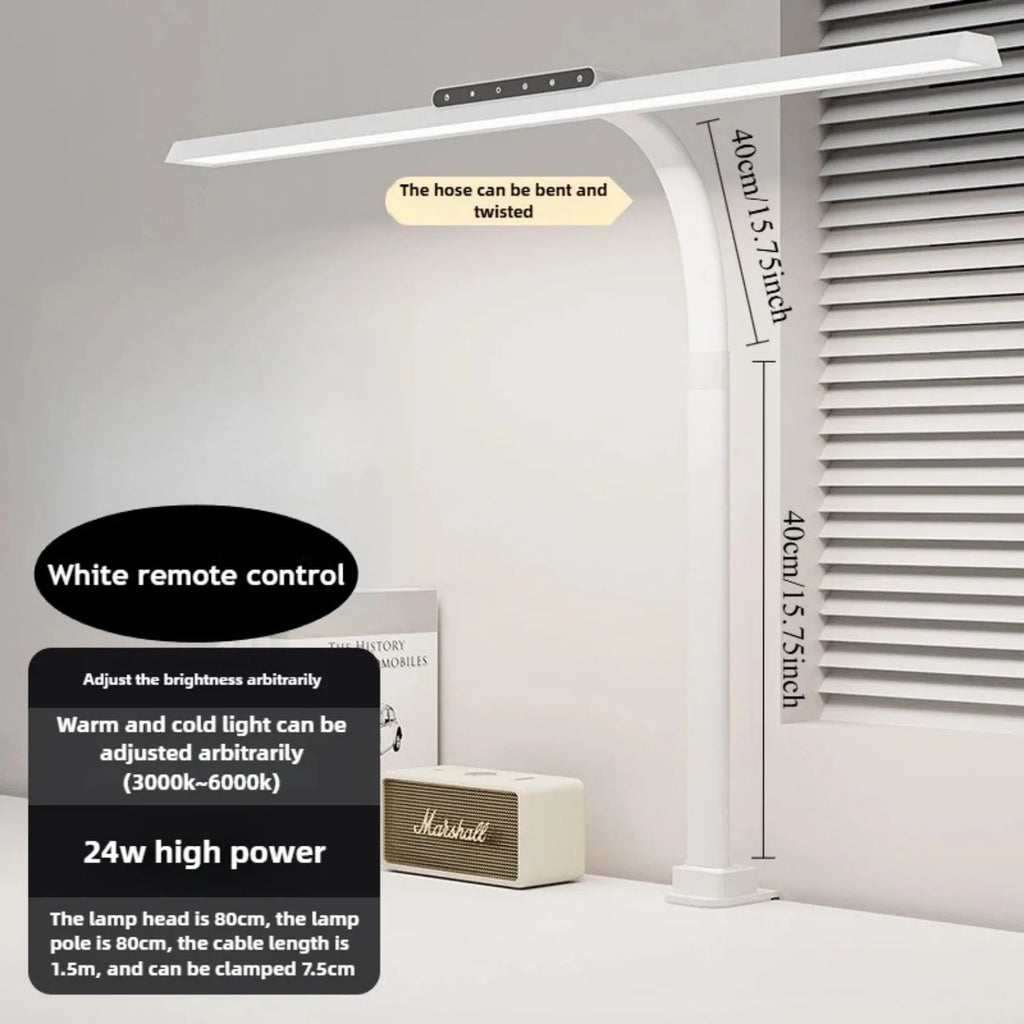 24W LED High Brightness Desk Lamp with Touch Remote Control Eye Protection Long Arm Clip-On for Student Computer Work Lighting