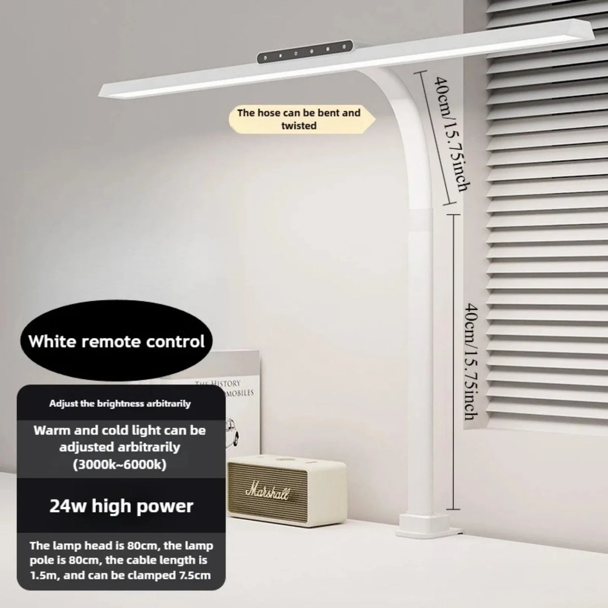 24W LED High Brightness Desk Lamp with Touch Remote Control Eye Protection Long Arm Clip-On for Student Computer Work Lighting