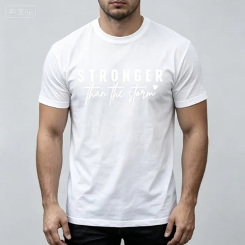 Inspirational Men  T‑Shirt, Slim  Crew Neck Tee, STRONGER than the storm Lettering Print Positive Mind Casual Short Sleeve Top