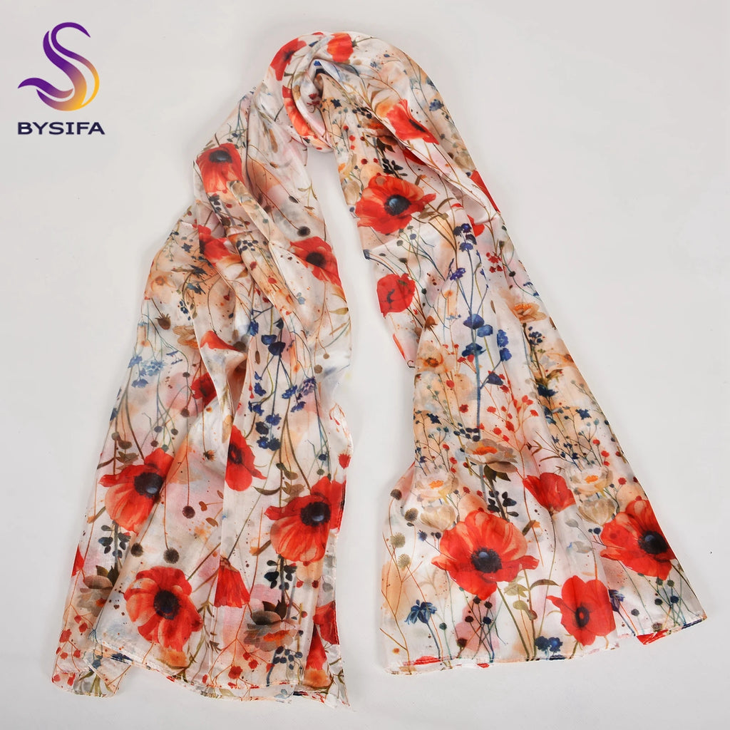 BYSIFA| Ultralarge Spring Fall 100% Mulberry Silk Scarf Beach Wrap Brand Female Long Scarves New Red Floral Silk Scarf Shawl