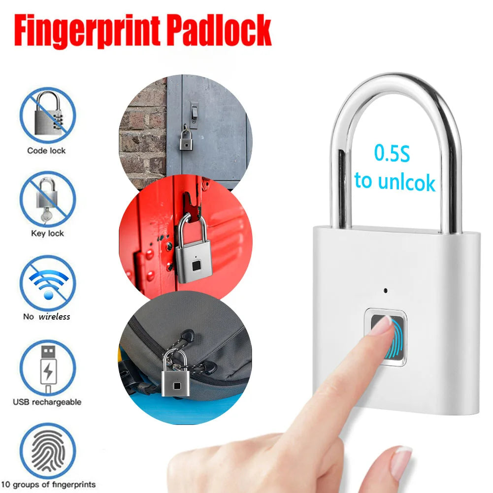Intelligent Fingerprint Lock Portable Keyless Fingerprint Padlock Waterproof USB Rechargeable for Door Suitcase Backpack Locks