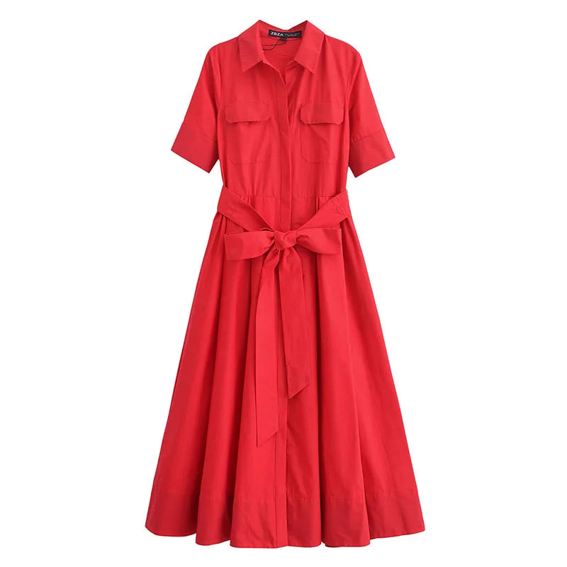 Women Long dress With Belt Spring Poplin Lady Short Sleeve Dress Pocket Women's Midi Dress Side Zipper Female Dresses
