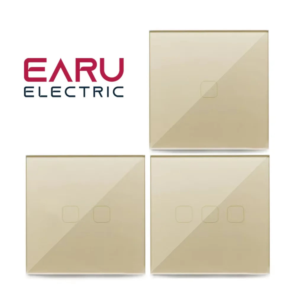 EU Standard Crystal Glass Panel Touch Light Switch | AC100-240V 10A | Wall LED Power Switch 1/2/3 Gang 1 Way White Black Golden