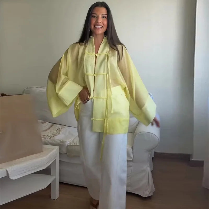Loose Women's Frog Buttons Mandarin Shirts See Through Stand Collar Full Sleeve Blouses 2026 Summer Lady Cotton Linen Outwear