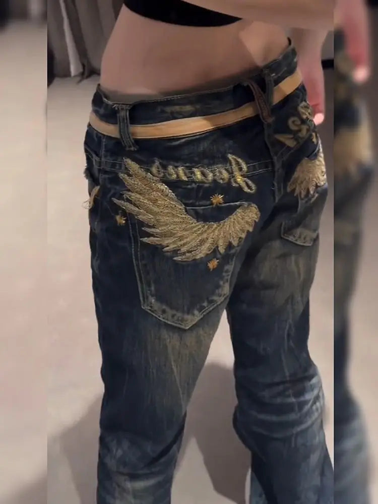 Vintage Denim Gold Wings Embroidered Baggy Jeans Women Streetwear Washed Light Blue Spicy Girl Micro Bellbottom Wide Leg Pants