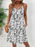 Women's Blue White Floral Leaf Print Spaghetti Strap Mini Dress, Casual V-Neck Sleeveless A-Line Flowy Dress with Pockets