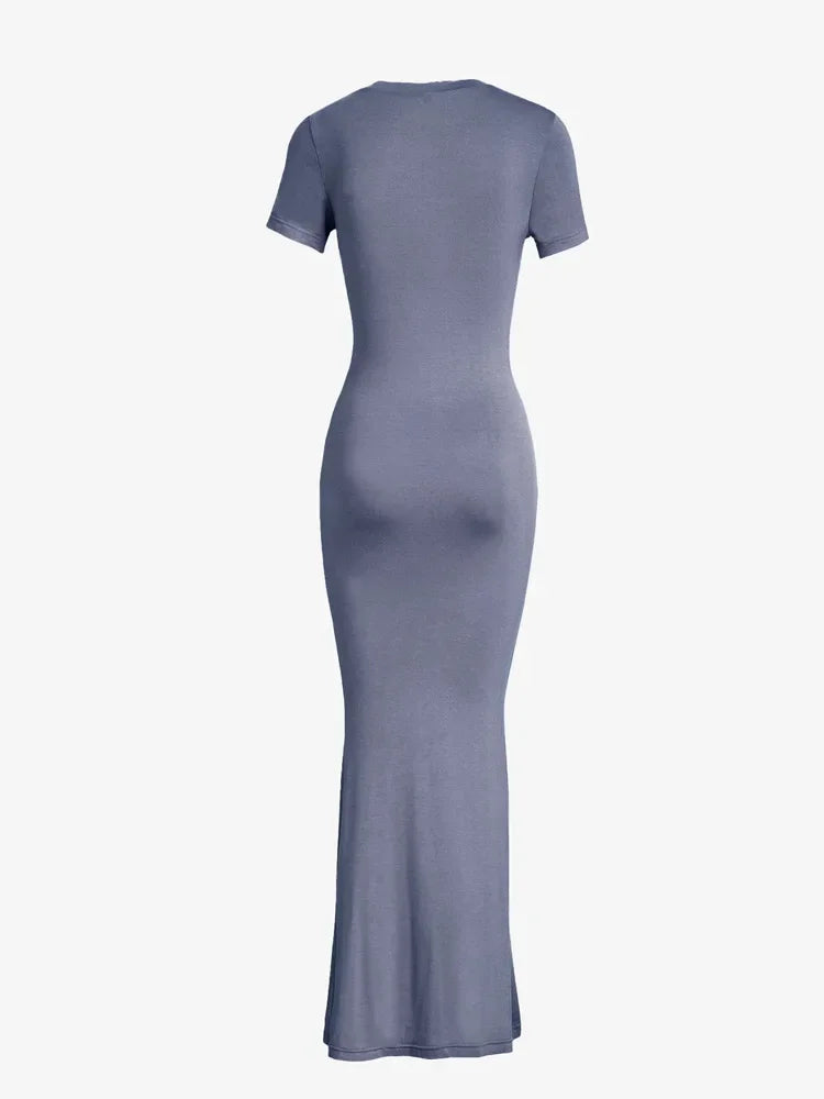 2026 Summer New Chic Slim Chic Short Sleeve Dress for Women O Neck Long Dresses Office Lady Casual Solid Color Dresses Robe