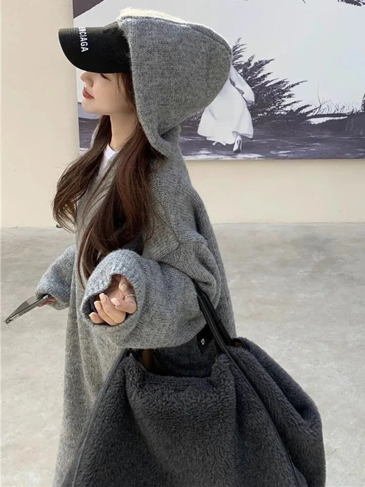 Korean style autumn hooded cashmere sweater long sweater dress loose women's knitted woolen hoodie