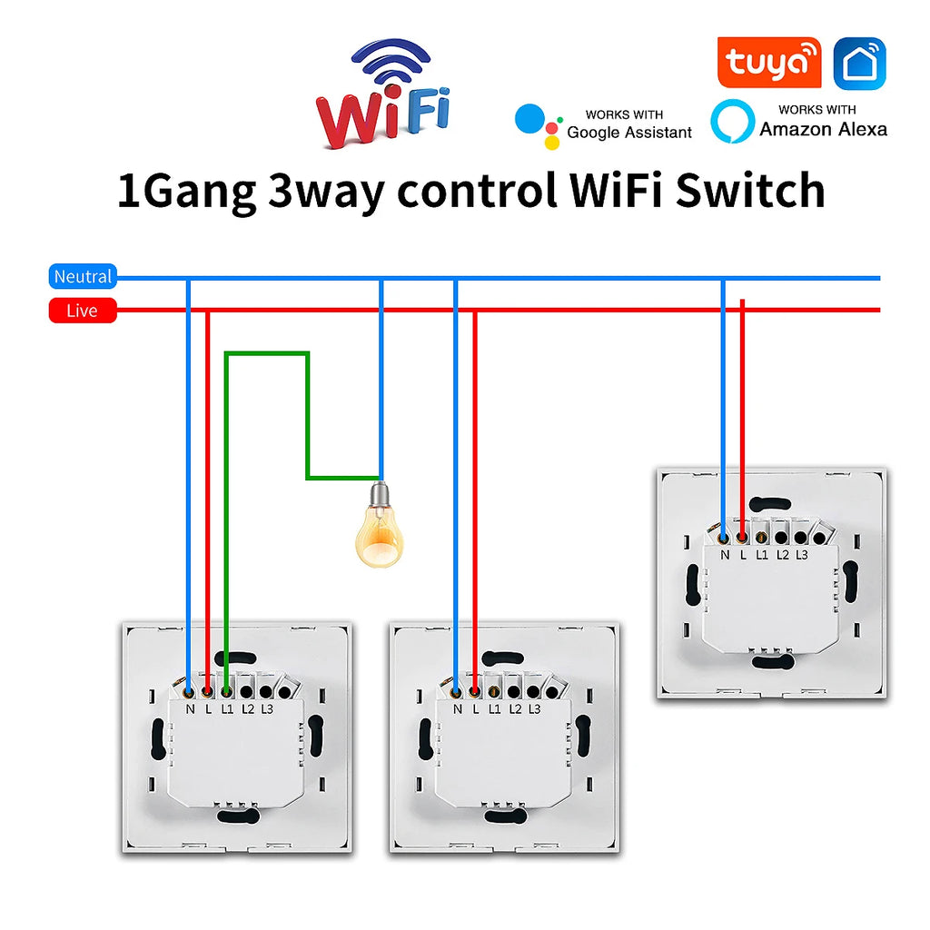 3way Wifi Switch 1/2/3gang Touch Light Switches With Tempered Glass Support Tuya Smart Life APP Voice Control For Stairs Bedroom