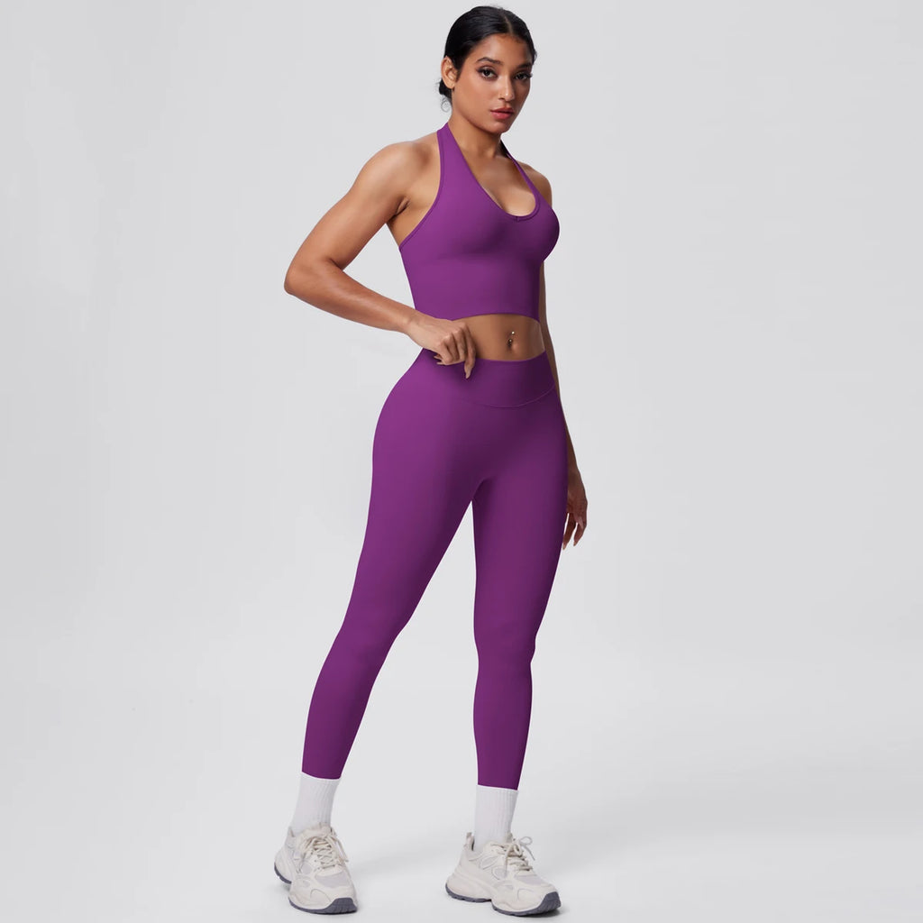 Rooftrellen 2PCS/set Women Gym Sports Yoga Set Breathable Shockproof Workout Top Backless Bra Push Up Fitness Pants Yoga Set