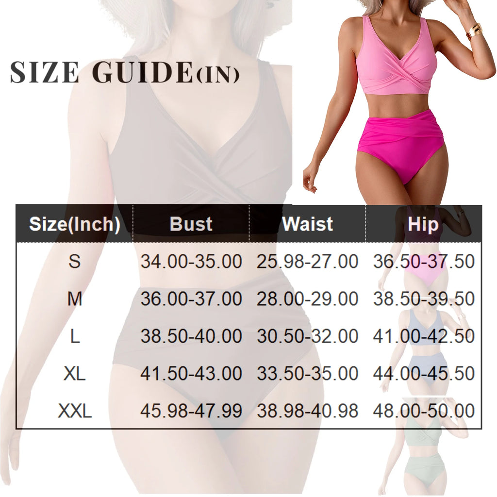 Women Sexy Bikini Summer Twist Front Ruched High Waisted Two Piece Beach Slimming Vacation Swimwear Bathing Suit