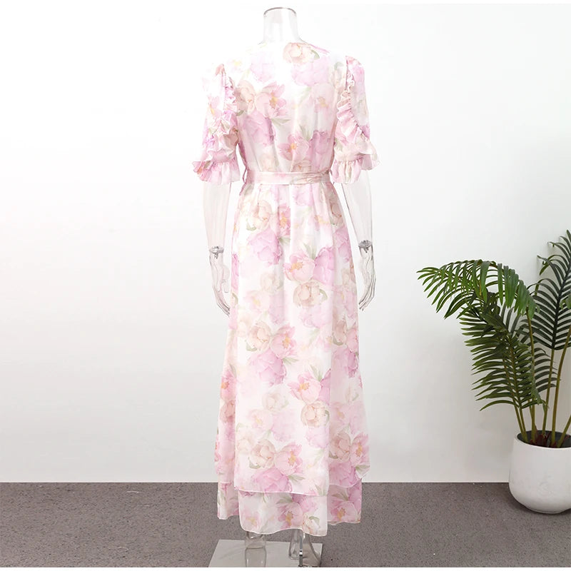 Organza Floral Printed Maxi Dress V-neck Puff Sleeve 2026 Spring/summer Romantic Women Party Gown Fashion Elegant Lady Vestido