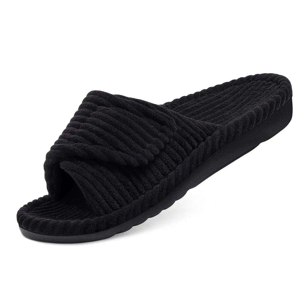 Litfun Open Toe House Slippers For Women New Corduroy Indoor Flat Slides With Adjustable Strap Four Season Lady Orthopedic Shoes