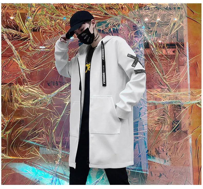 2025 Mens Hooded Trench Coat Mid Long Windproof Jacket Outerwear Autumn Winter New Fashion Windbreaker Coat Parka Male