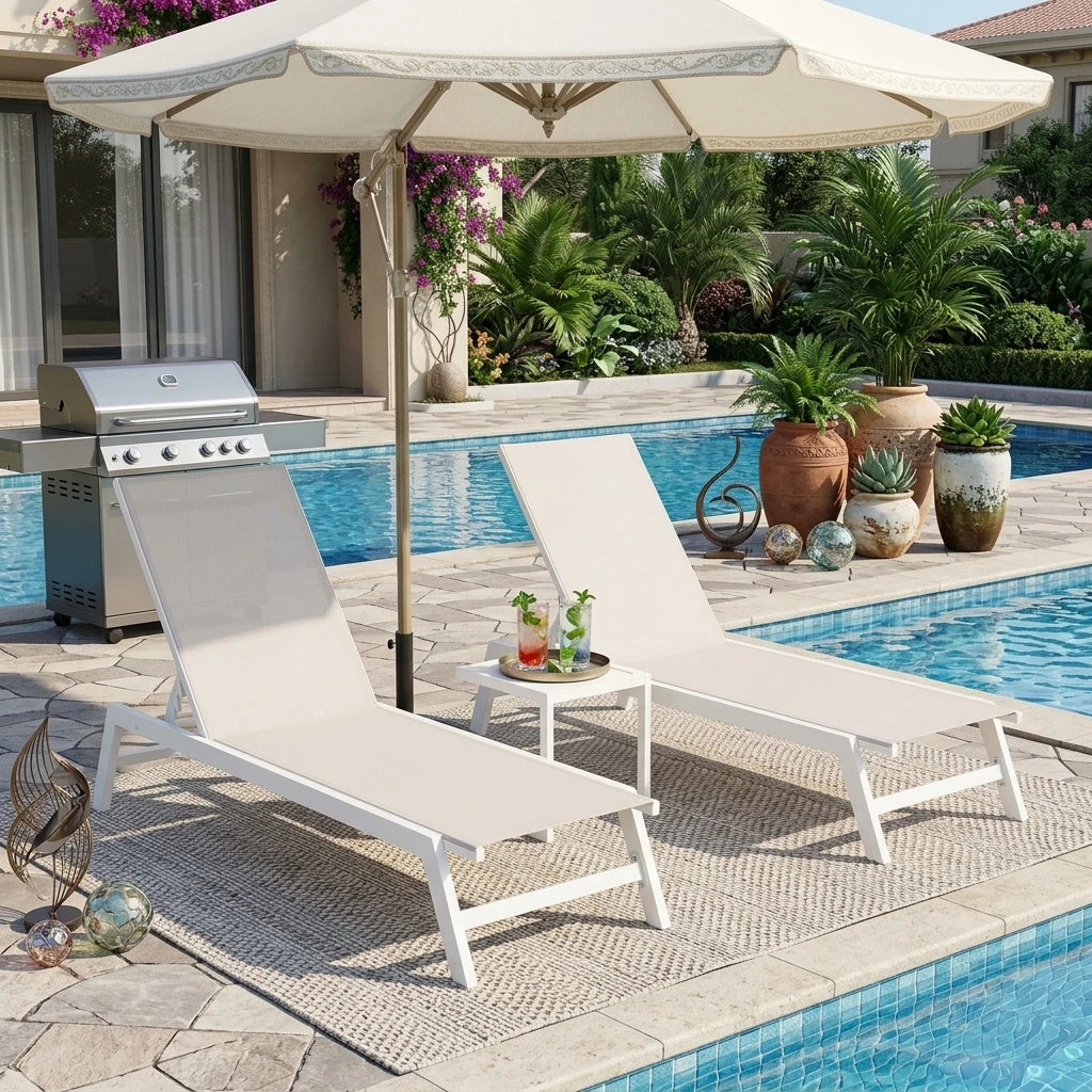 3PCS Aluminum Teslin Sun Lounger Set With Side Table Adjustable Backrest Outdoor Chaise Lounge Pool Garden Beach Hotel Sunbed
