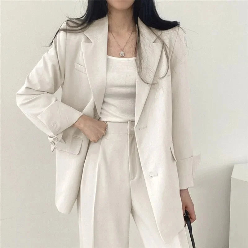 2026 Female Solid Color Blazer 2PCS Autumn Women Lapel Tops High Waist Outfit Korean Ladies Long Sleeves Suit Wide Leg Pants