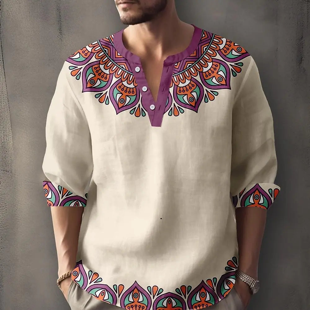 Retro Spring and Autumn New Men's Fashion T-shirt Casual Long Sleeve V-neck Polo Shirt