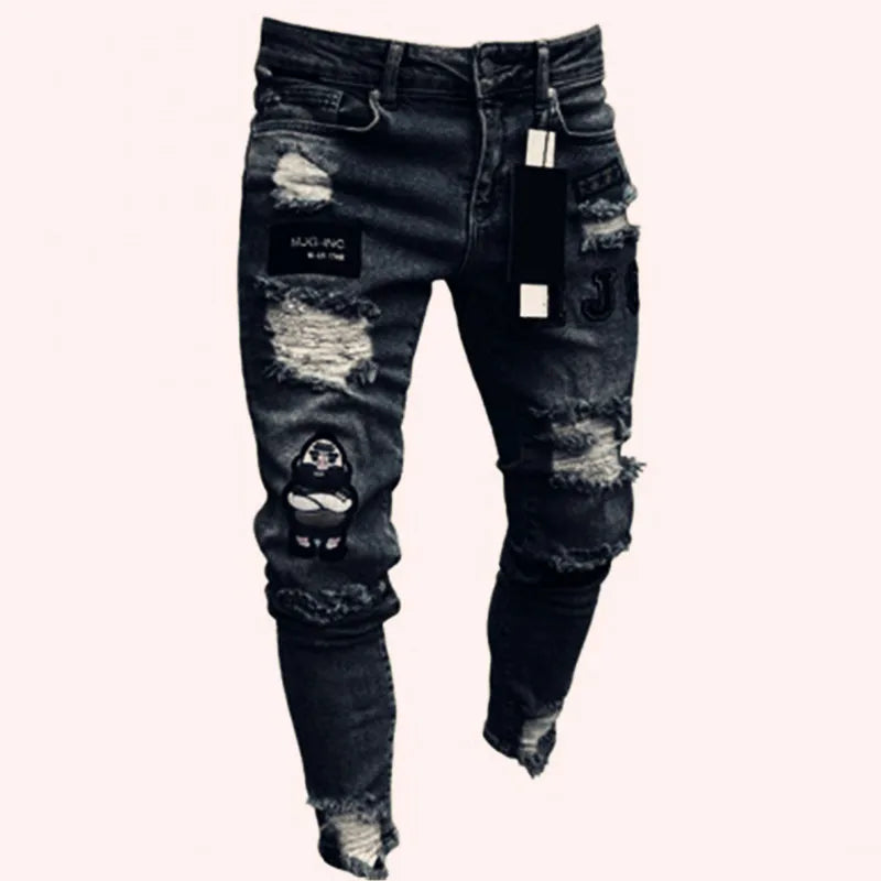 Men Jeans Knee Hole Ripped Stretch Skinny Denim Pants Solid Color Black Blue Autumn Summer Hip-Hop Style Slim Fit Trousers S-4XL
