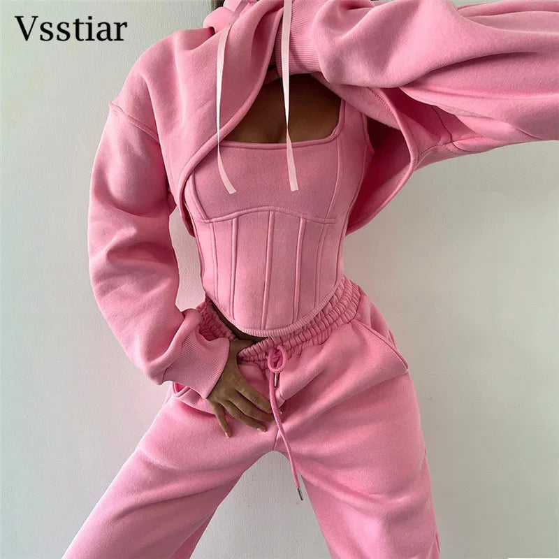 Vsstiar Women Three Piece Set Long Sleeve Hooded Crop Top Irregulary Tanks Pockets Pants Casual Tracksuit Fashion Female Clothes