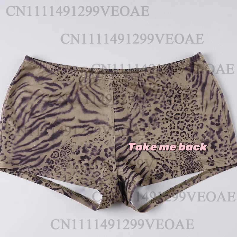 2026 Woman Leopard Print 2 Piece Set Outfit Halter Deep V-neck Backless Crop Top & Low-Rise Shorts Sexy 2pcs Summer Clothes