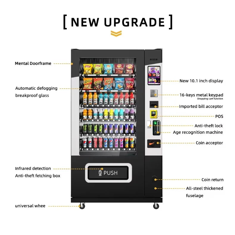 Vending Machine for Foods and Drinks 10 Inch Touch Screen Supports Card Cash and Coin Payment Popular in Europe and America