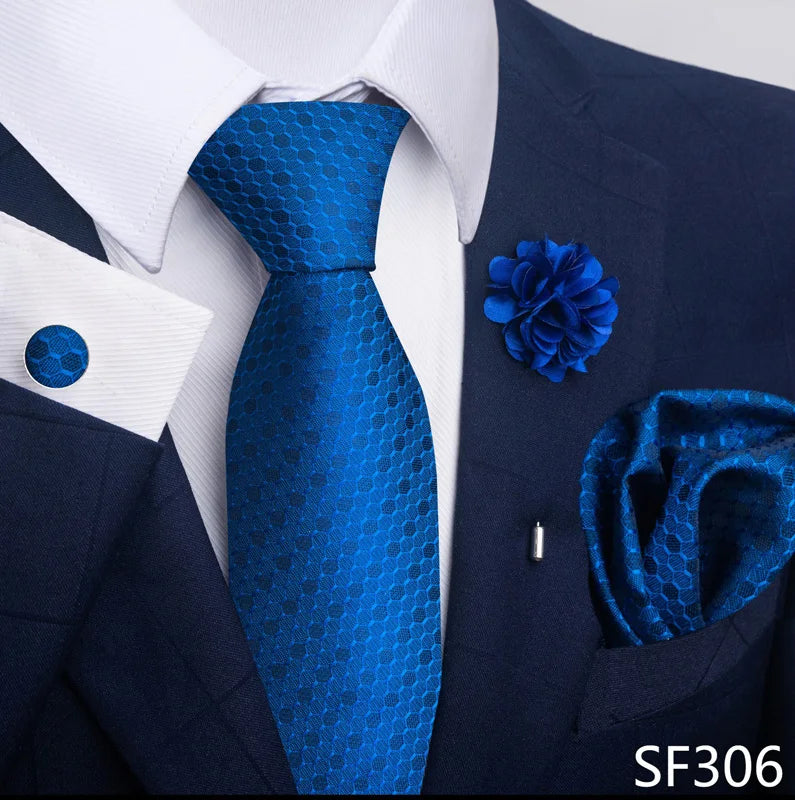 Hot Sale Luxury 8 Cm Blue Floral Ties Pocket Square Cufflinks Brooch Set For Man Suit Accessories Holiday Gift Fit Formal Party