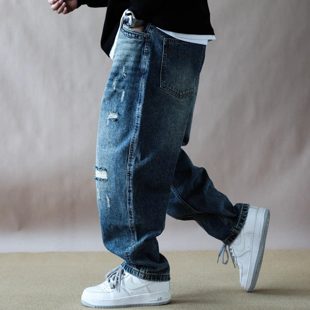 Mens Jeans American Vintage Light Blue Washed Distressed Ripped Patch Baggy Loose Curved Tapered Denim Pants Streetwear Hip Hop