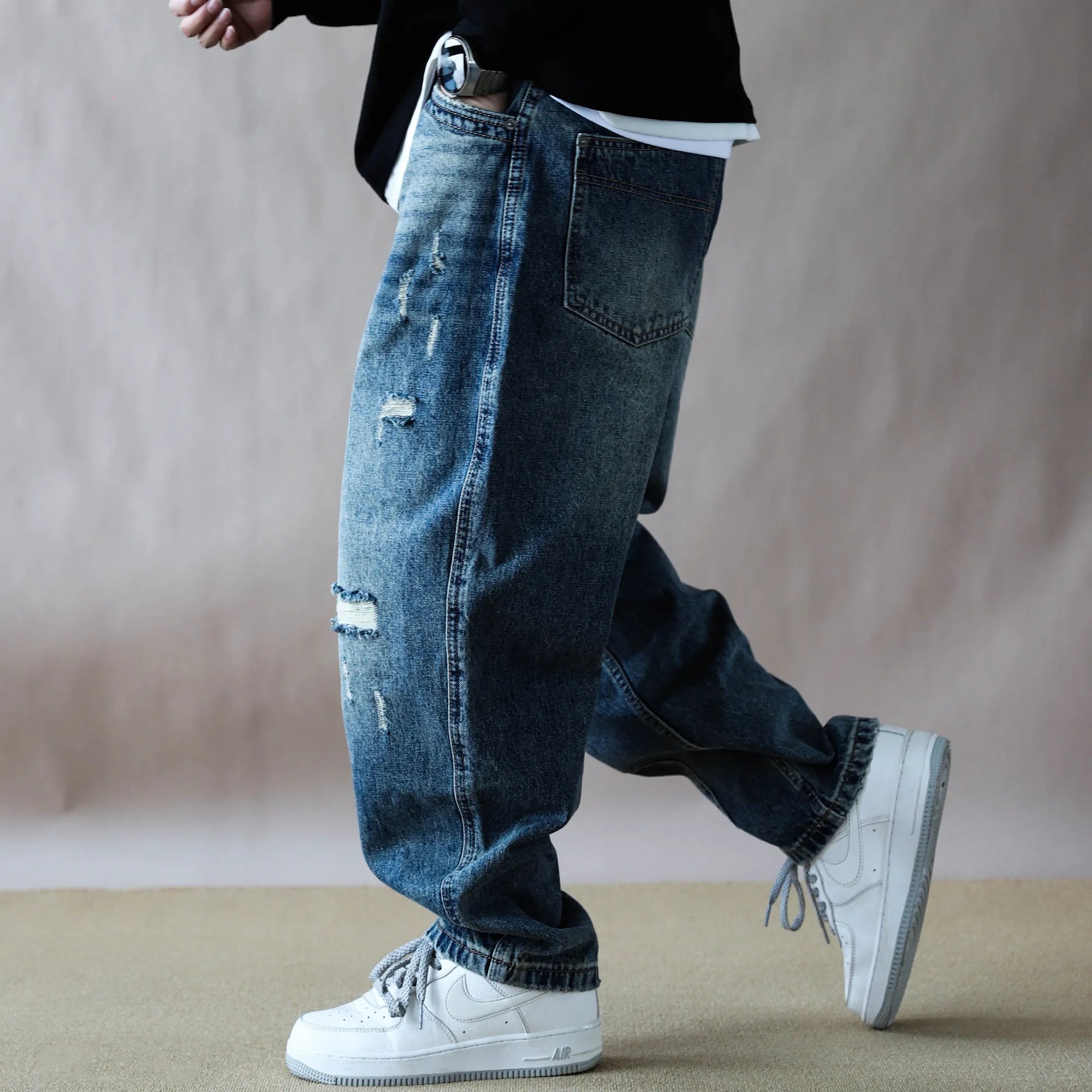Mens Jeans American Vintage Light Blue Washed Distressed Ripped Patch Baggy Loose Curved Tapered Denim Pants Streetwear Hip Hop
