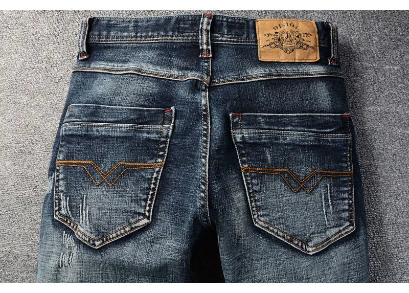 Italian Style Fashion Men Jeans High Quality Retro Black Blue Elastic Slim Fit Ripped Jeans Men Vintage Designer Denim Pants