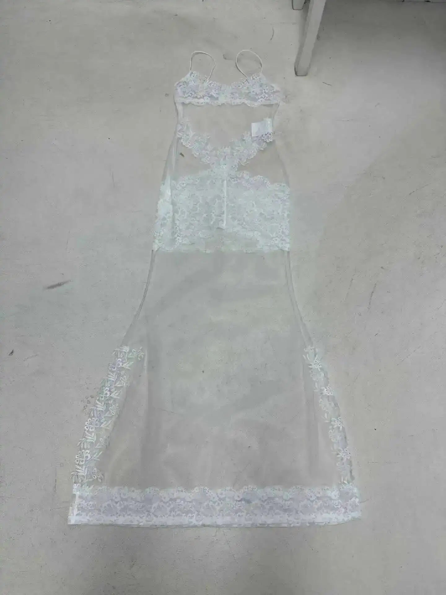 Lace Transparent Mini Dress For Women's Shestyle Embroidery Flower Mesh Transparent Flare Outfits Prom Nightwear Club Long Dress