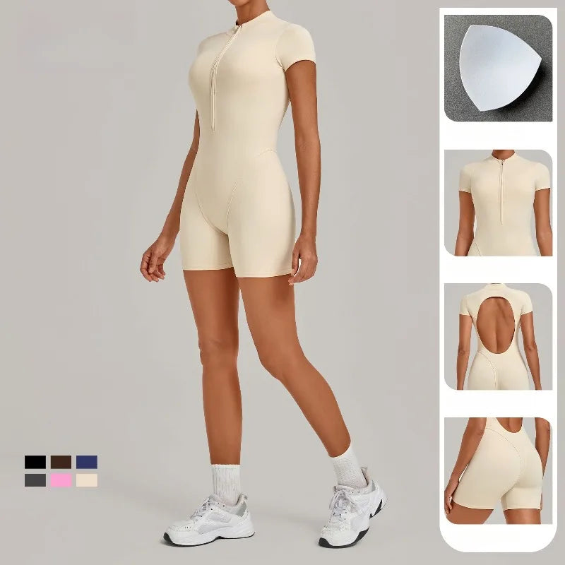Women's Seamless Yoga Jumpsuits Sports Fitness Hip-lifting Short-sleeved Backless Training Workout Gym Shorts One-piece