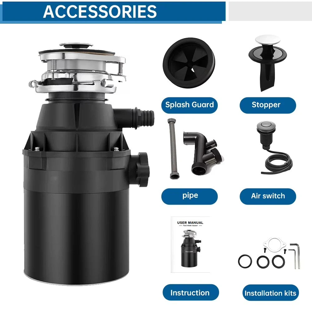 0.75 H P Electric Stainless Steel 4 Stage Home Food Waste Grinder Garbage Disposer Sile ncer Technology 1450mL Capacity Air