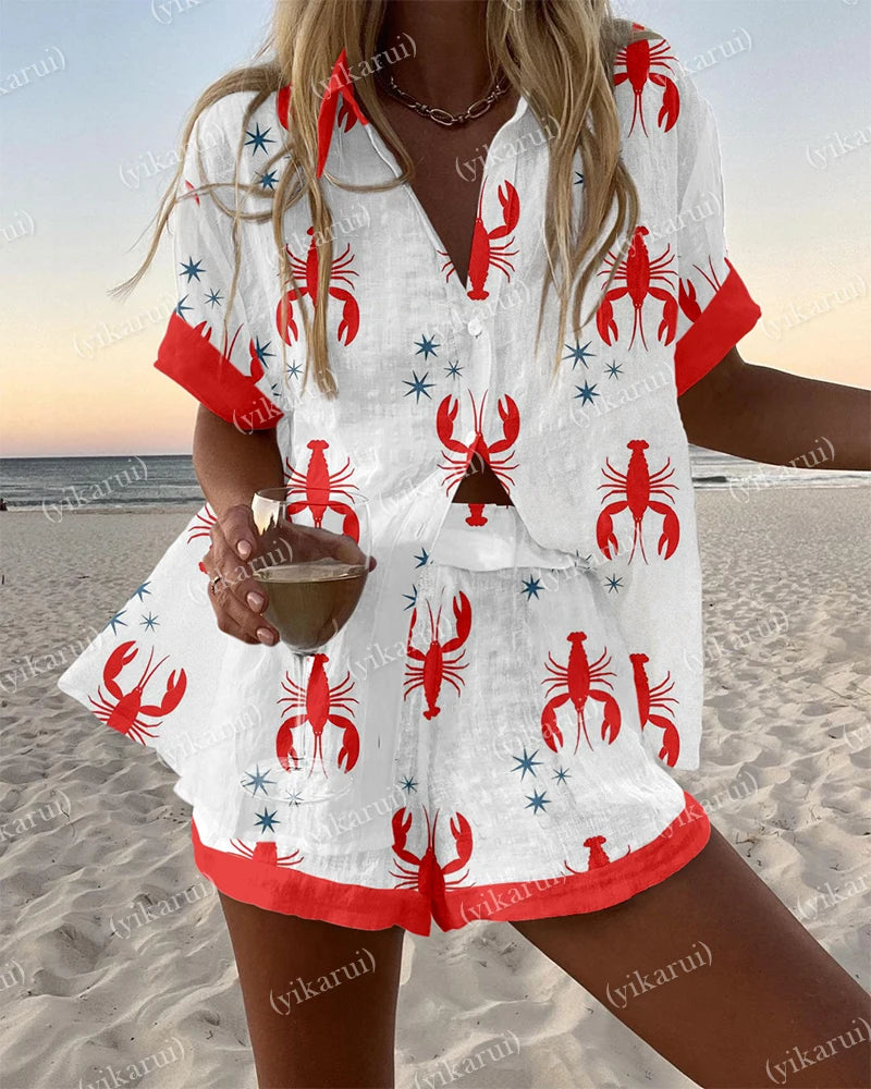 Summer Fashion Print Beach Holiday 2-Piece Set Women Short Sleeve Shirt Top + Wide Legs Short Women's Oversized Two-Piece Outfit