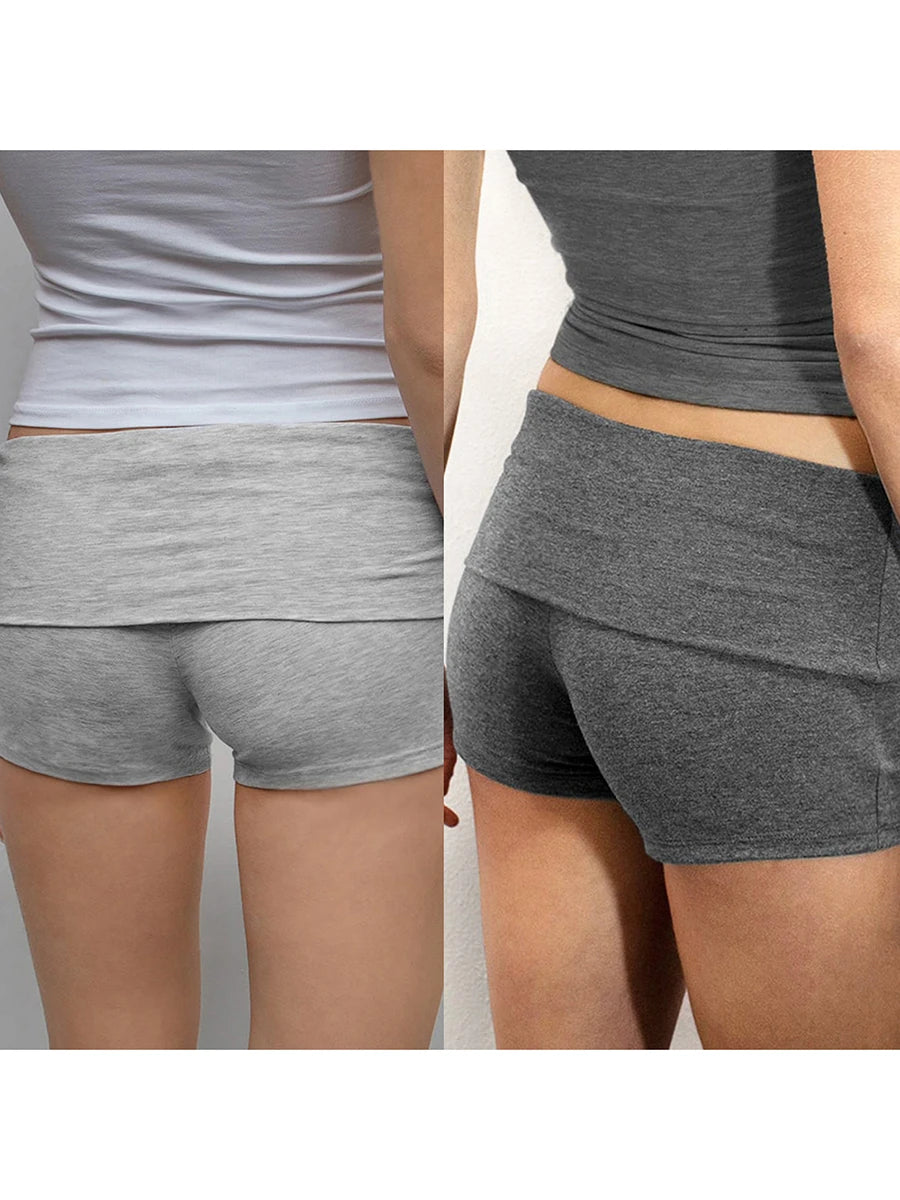 Summer Slim Yoga Shorts Women Casual Solid Color Fold Over Low Waist Lounge Shorts