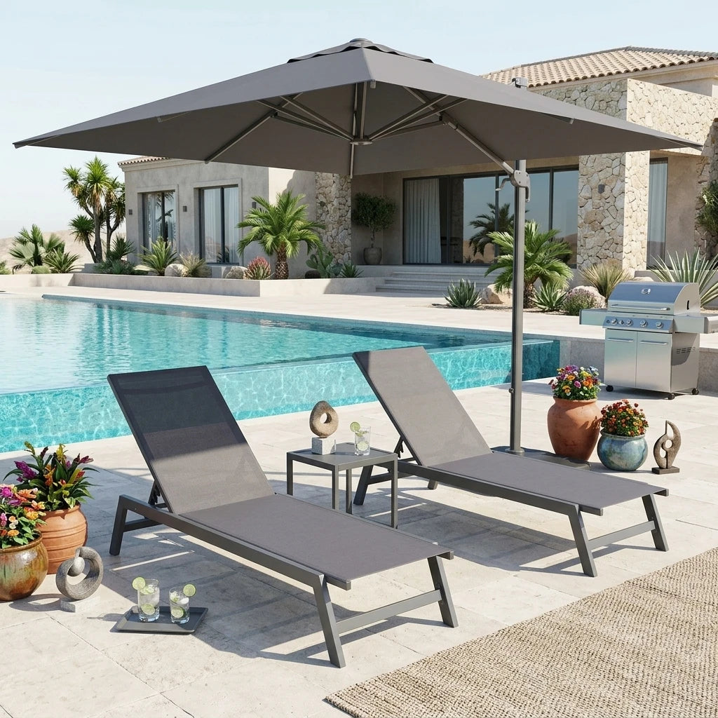 3PCS Aluminum Teslin Sun Lounger Set With Side Table Adjustable Backrest Outdoor Chaise Lounge Pool Garden Beach Hotel Sunbed