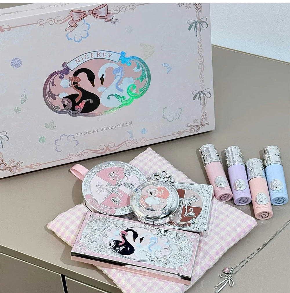 NICEKEY Multipurpose Makeup Sets Include 4 Lip Mud,1 Blush,1 Pressed Powder,1 Eyes Palette,1 Contour Palette With Necklace Gift