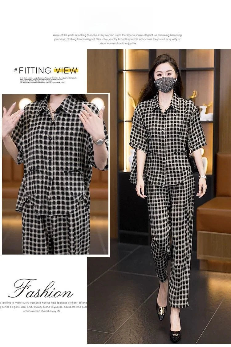plus Size Casual Plaid Short Sleeve Women's Set Summer New Fashion Loose Shirt Two Piece Set High Waist Long Pants